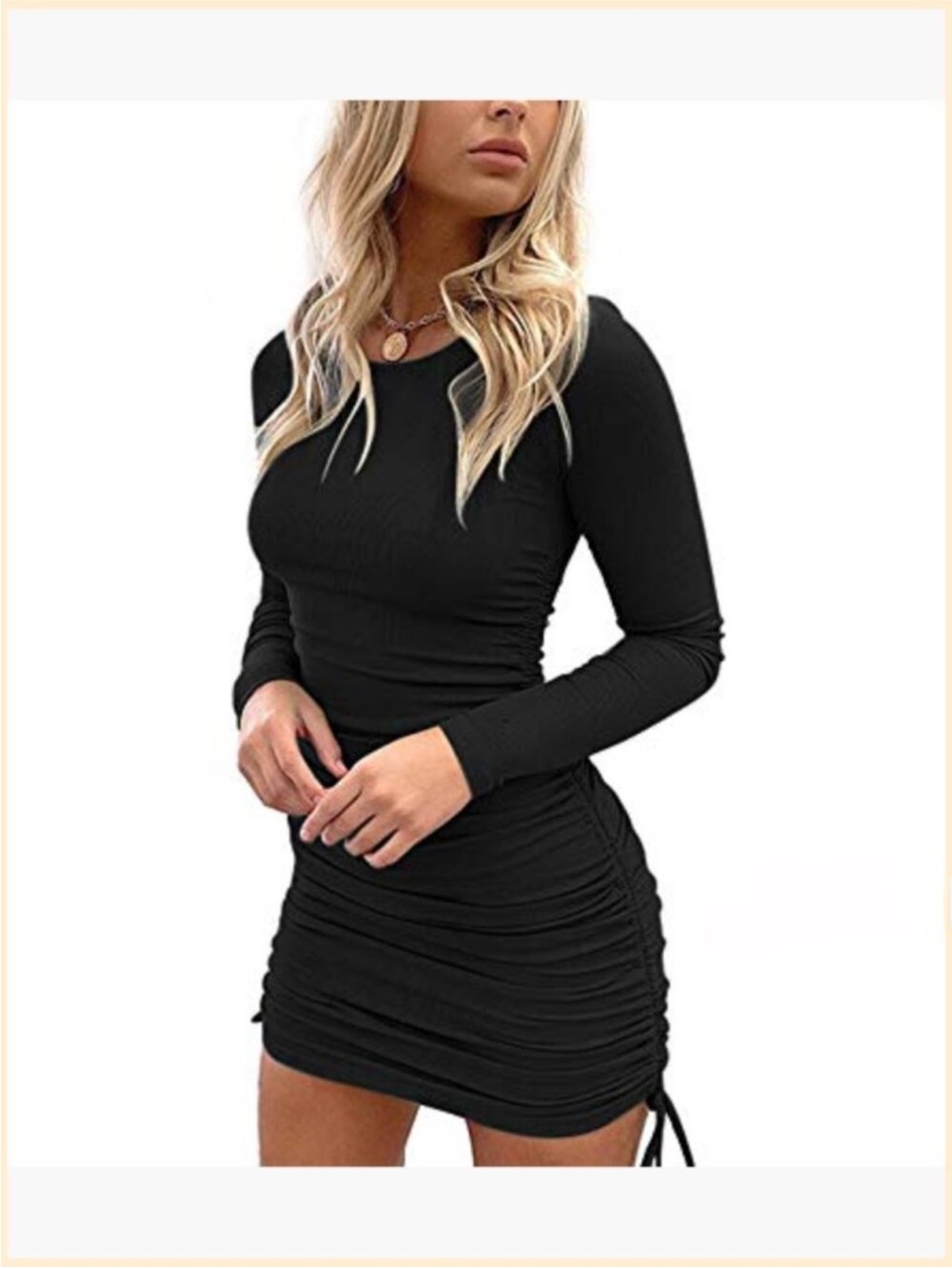 White Fox Black Ruched Long Sleeve Mini Dress Drawstring Bodycon Size S